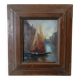 Old oil painting on panel, late 19th century - Boats - signed - Antique frame