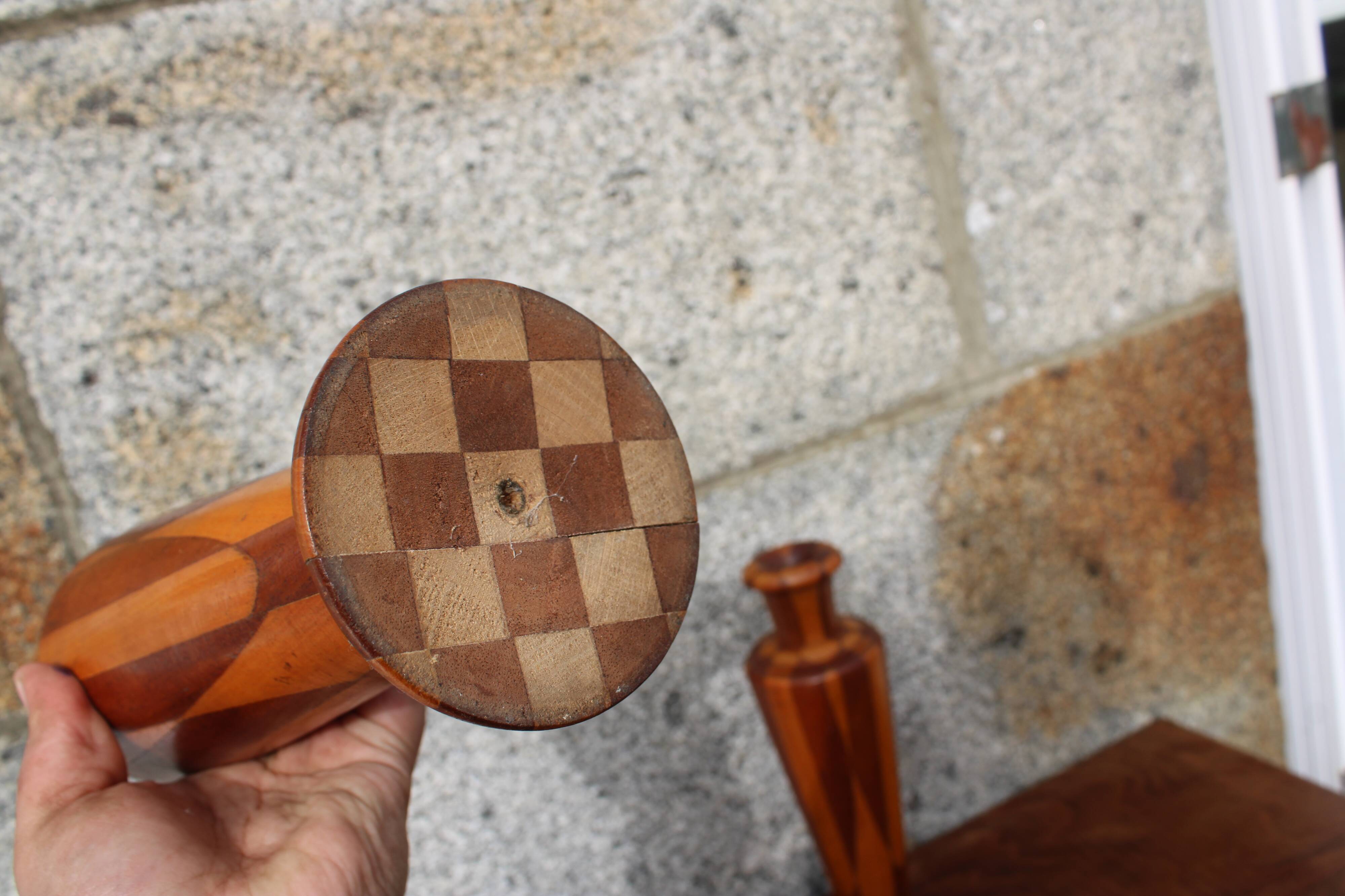 Pair of turned wooden vases – geometric design