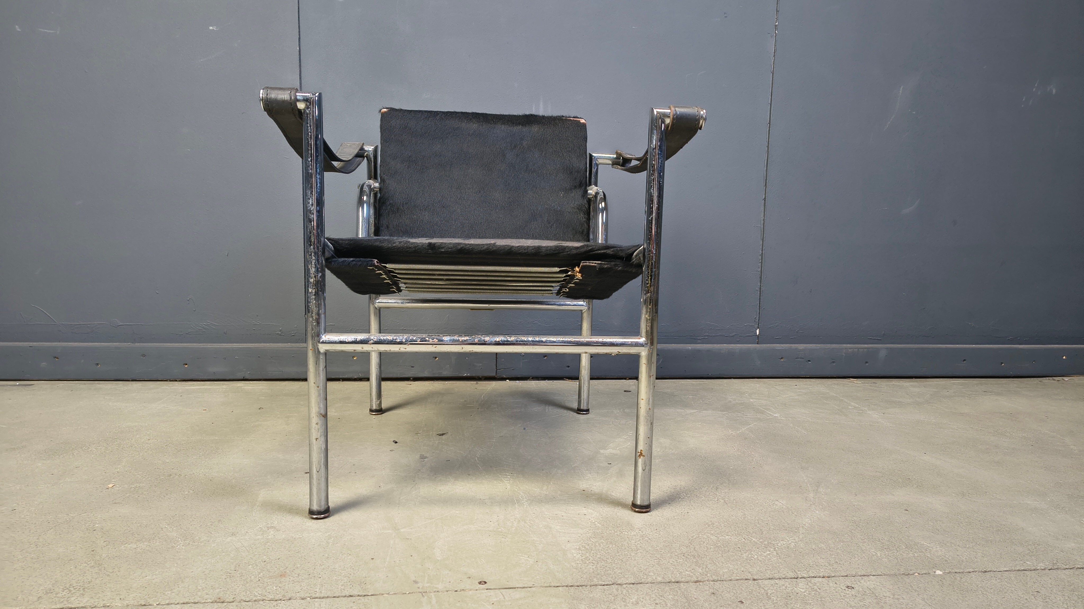 LC-1 chair in black ponyskin by Le Corbusier for Cassina 1970s
