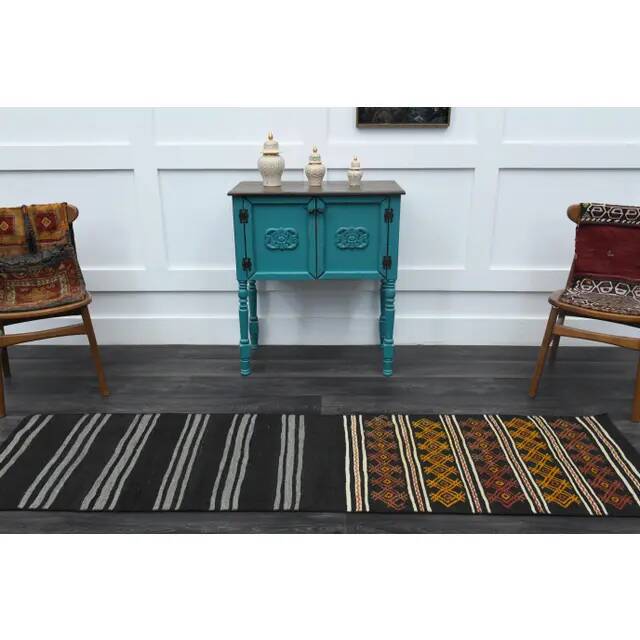 1970s Turkish Oushak Handmade Wool Cotton Black Runner Rug 63x246