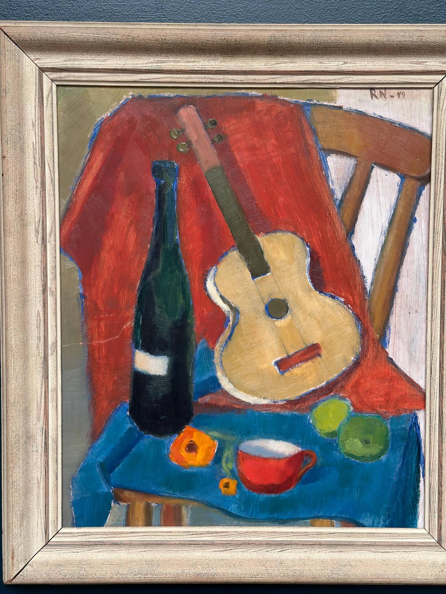 Swedish Oil on Canvas – “Still Life with Guitar and Wine Bottle”
