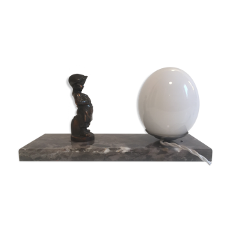 Art Deco bedside lamp night light with marble base and child at work statuette