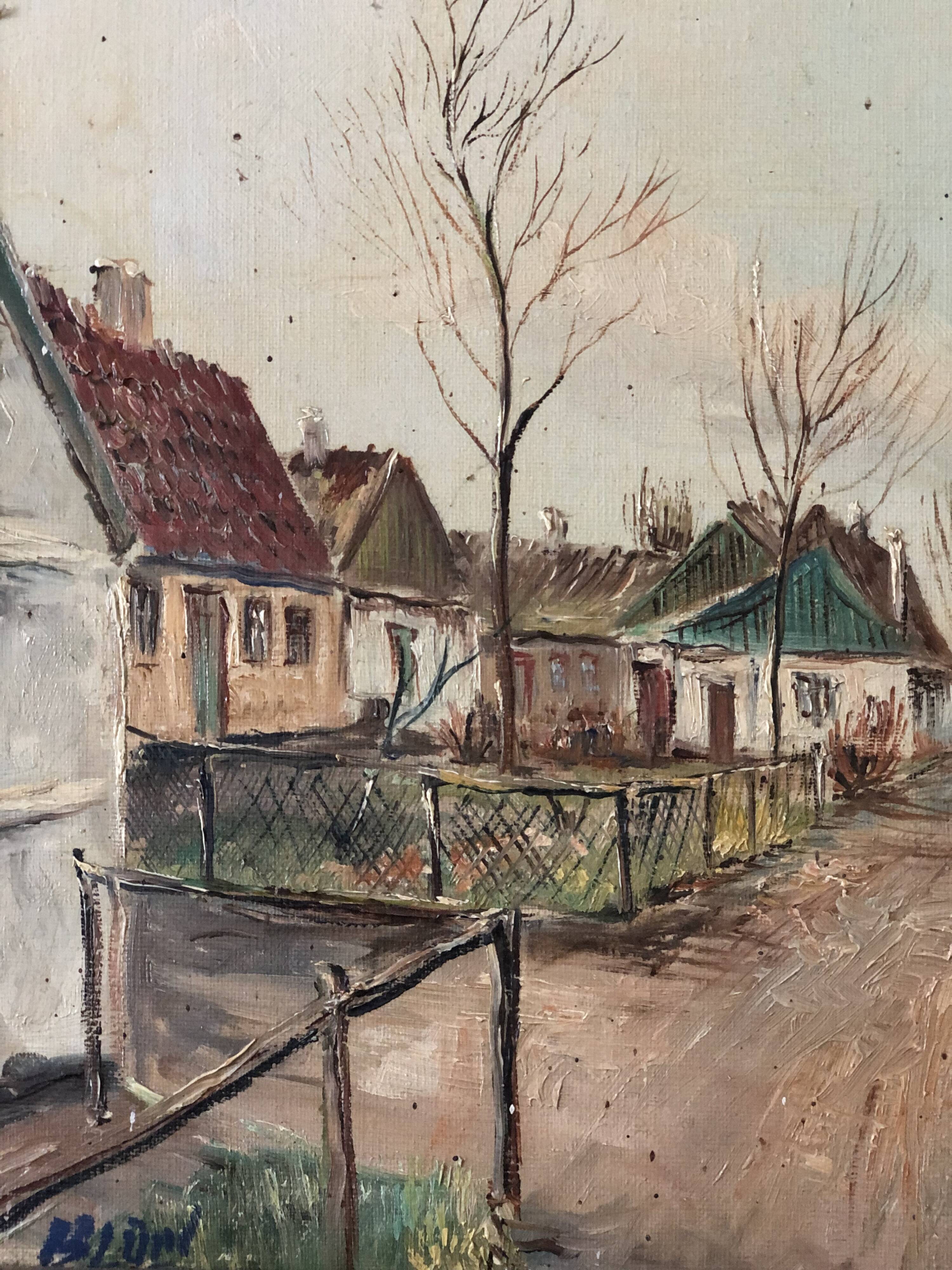 Vintage European Village Original Oil Painting with Cottages, circa 1940