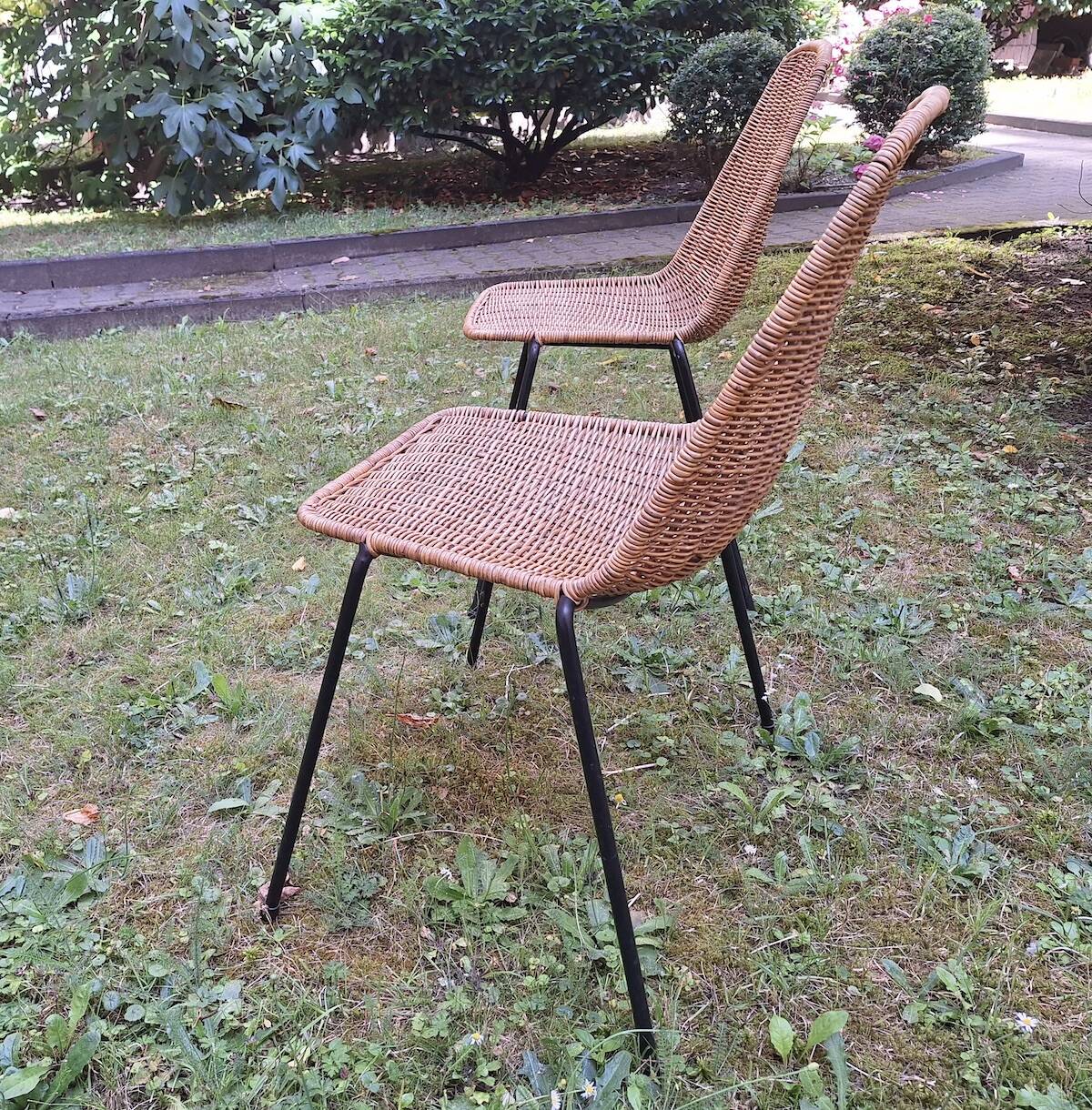 Pair of Legler rattan and metal dining / stacking chairs, Switzerland 1960s