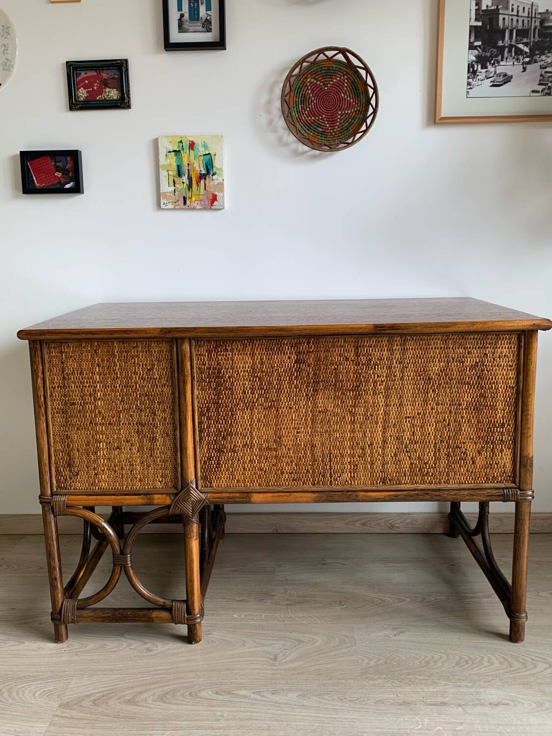 Vintage bamboo and wood rattan desk