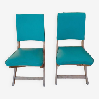 Paire de grandes chaises vintage Bois & simili cuir - 2 Positions haute ou basse
