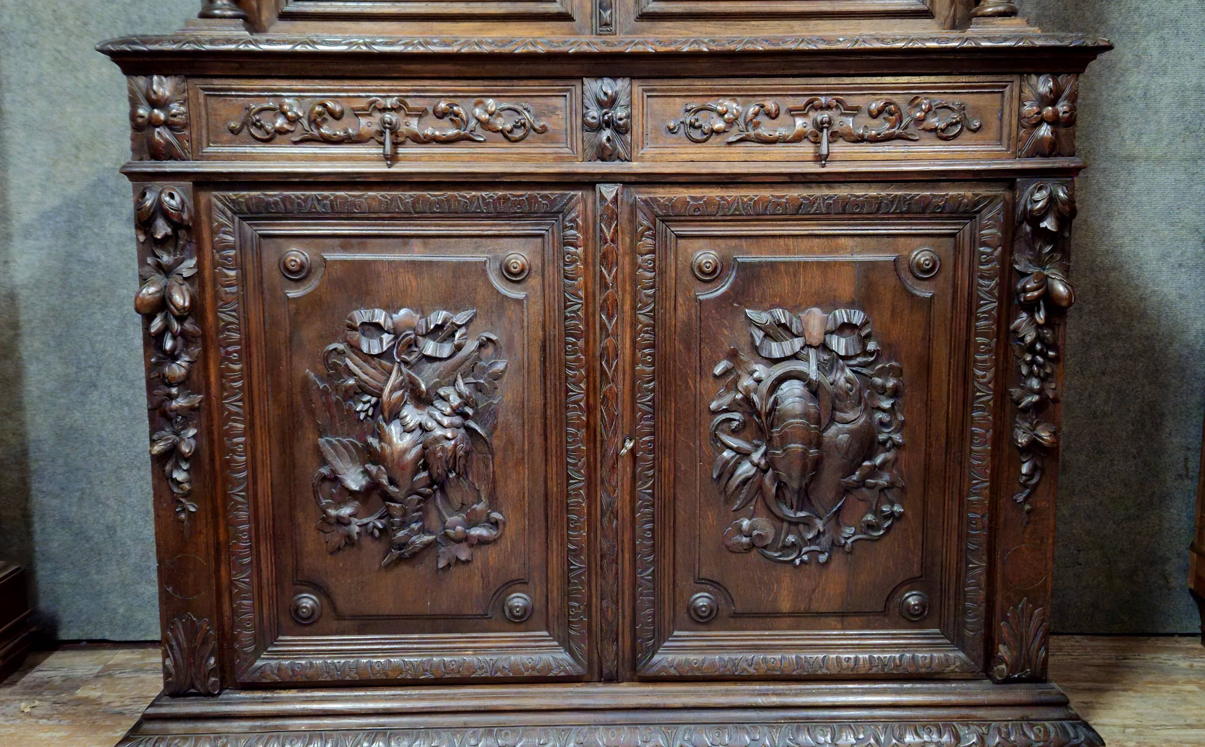 Buffet library two-body antique carved wooden.