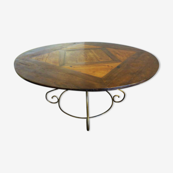 Circular dining table reclaimed antique oak, pine and poplar, iron base