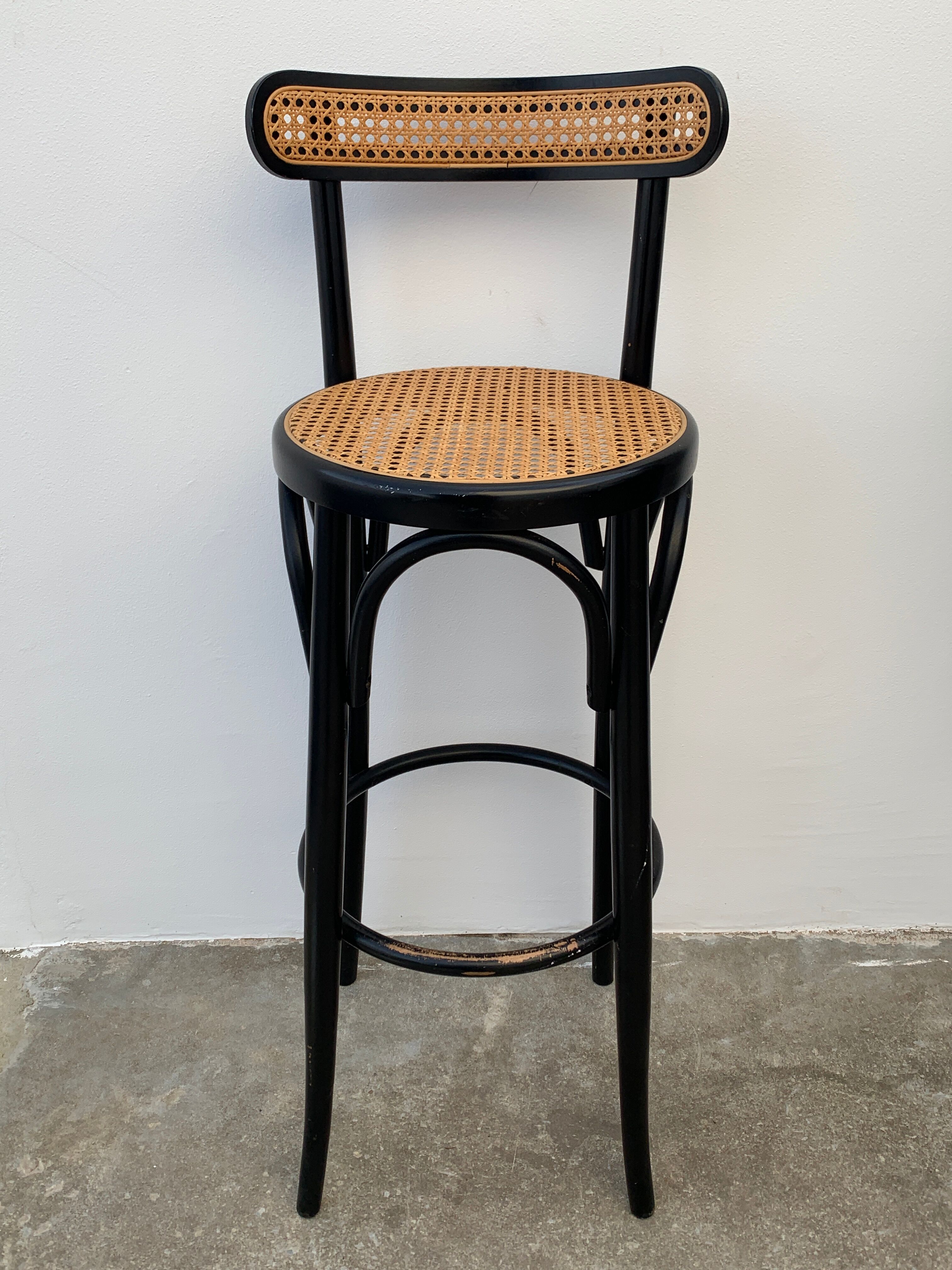 Pair of high canne stools or black curved wooden bar chairs, 1970