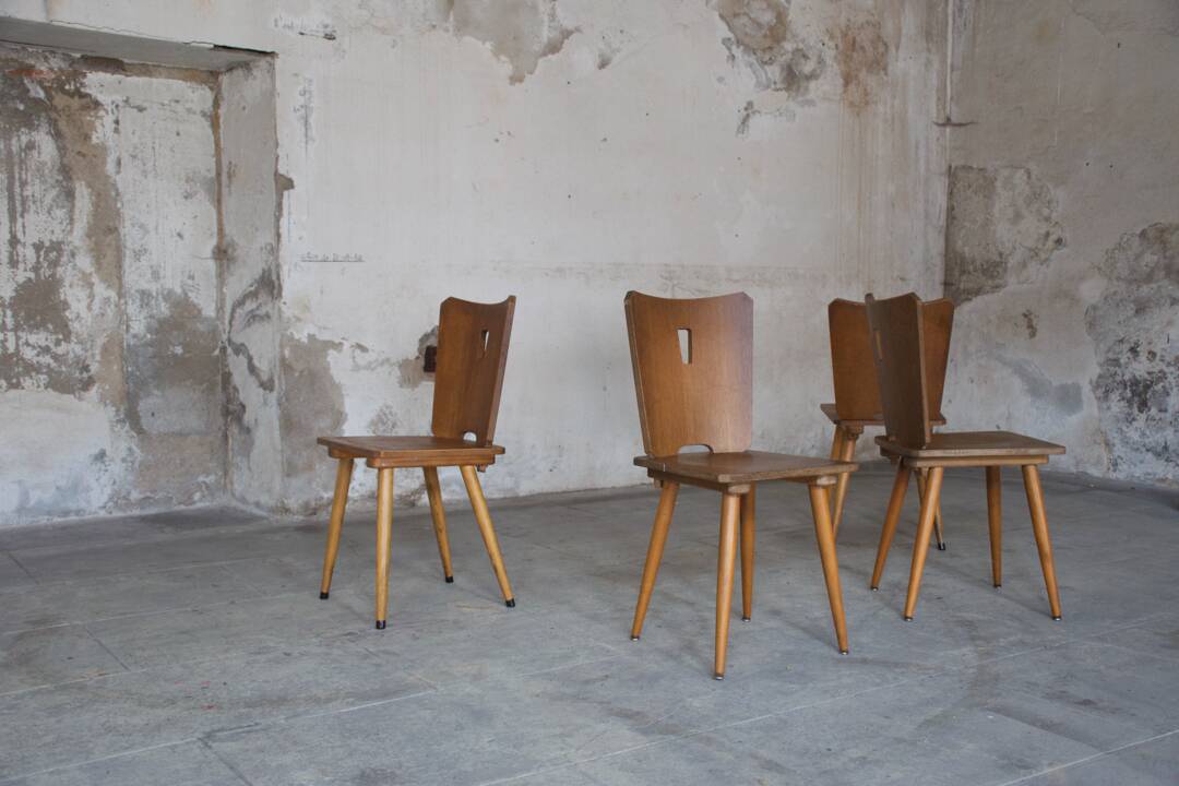 Series of four vintage brutalist wooden chairs 1960