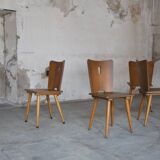 Series of four vintage brutalist wooden chairs 1960