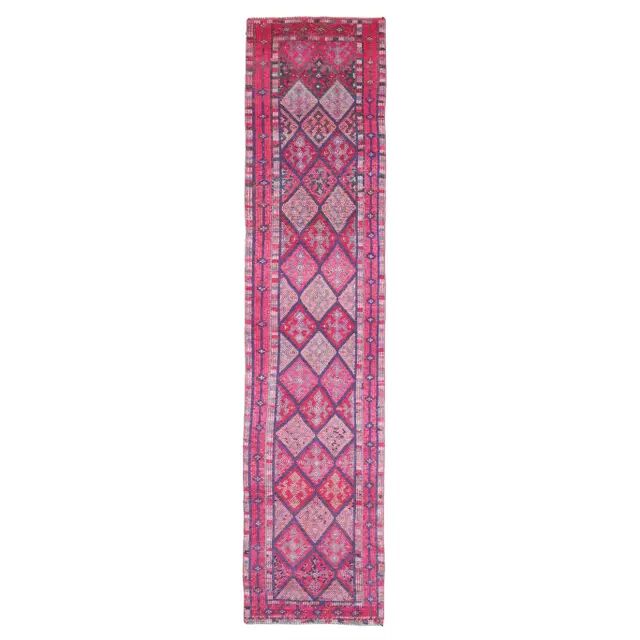 Vintage Turkish Oushak Handmade Cotton Purple Wool Runner Rug 74x345