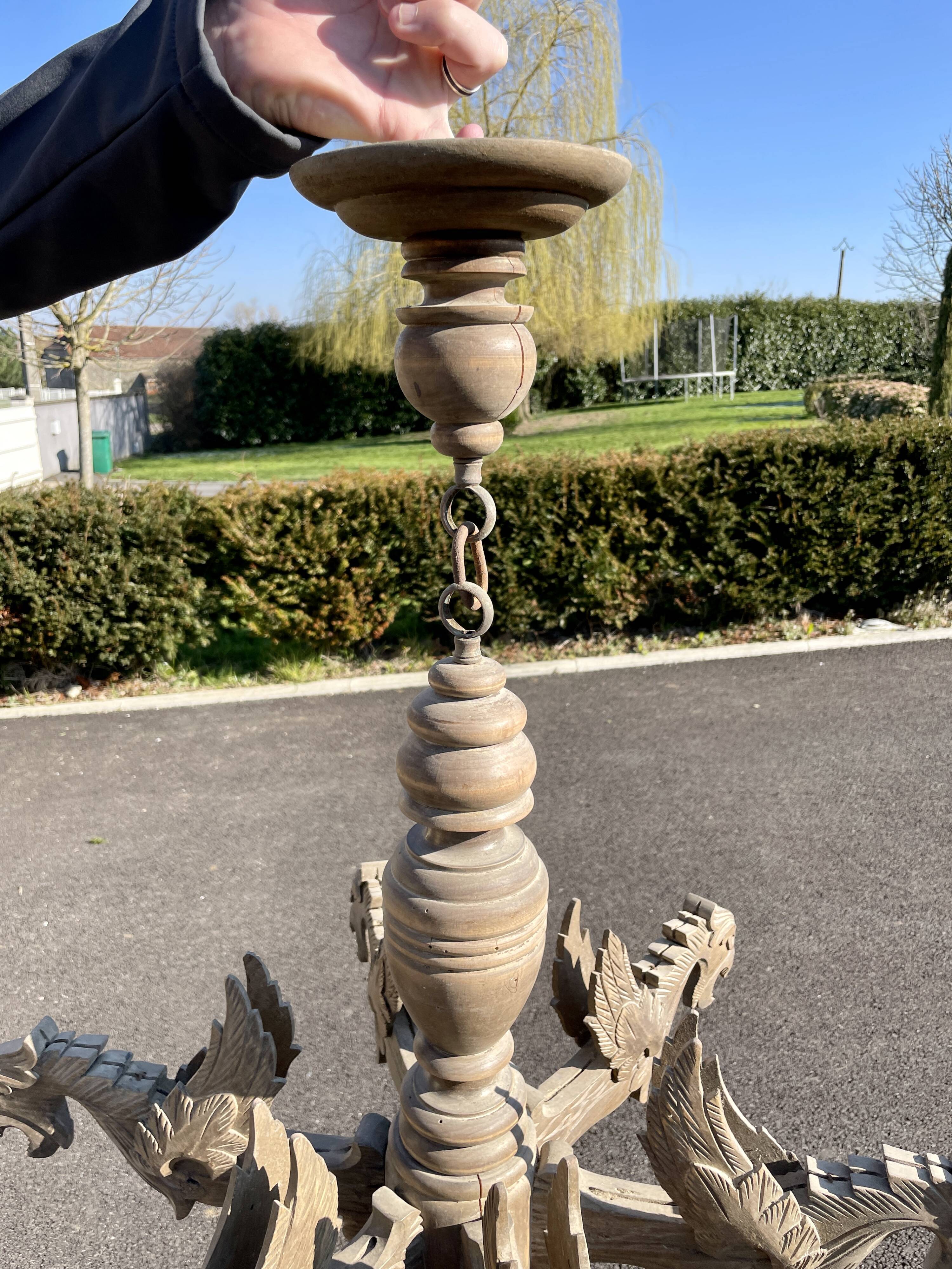 Old wooden chandelier Henri II 6 Gothic dragons