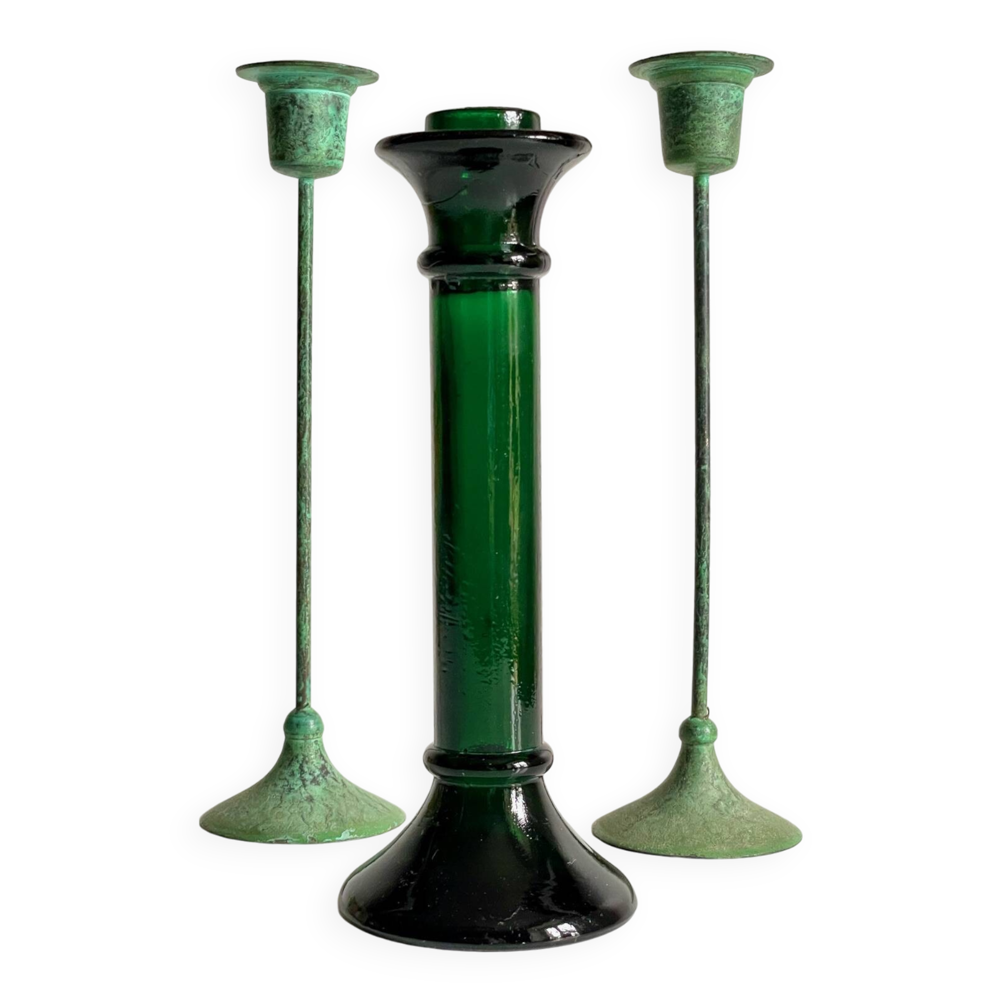 Green glass and metal candle holders