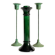 Green glass and metal candle holders