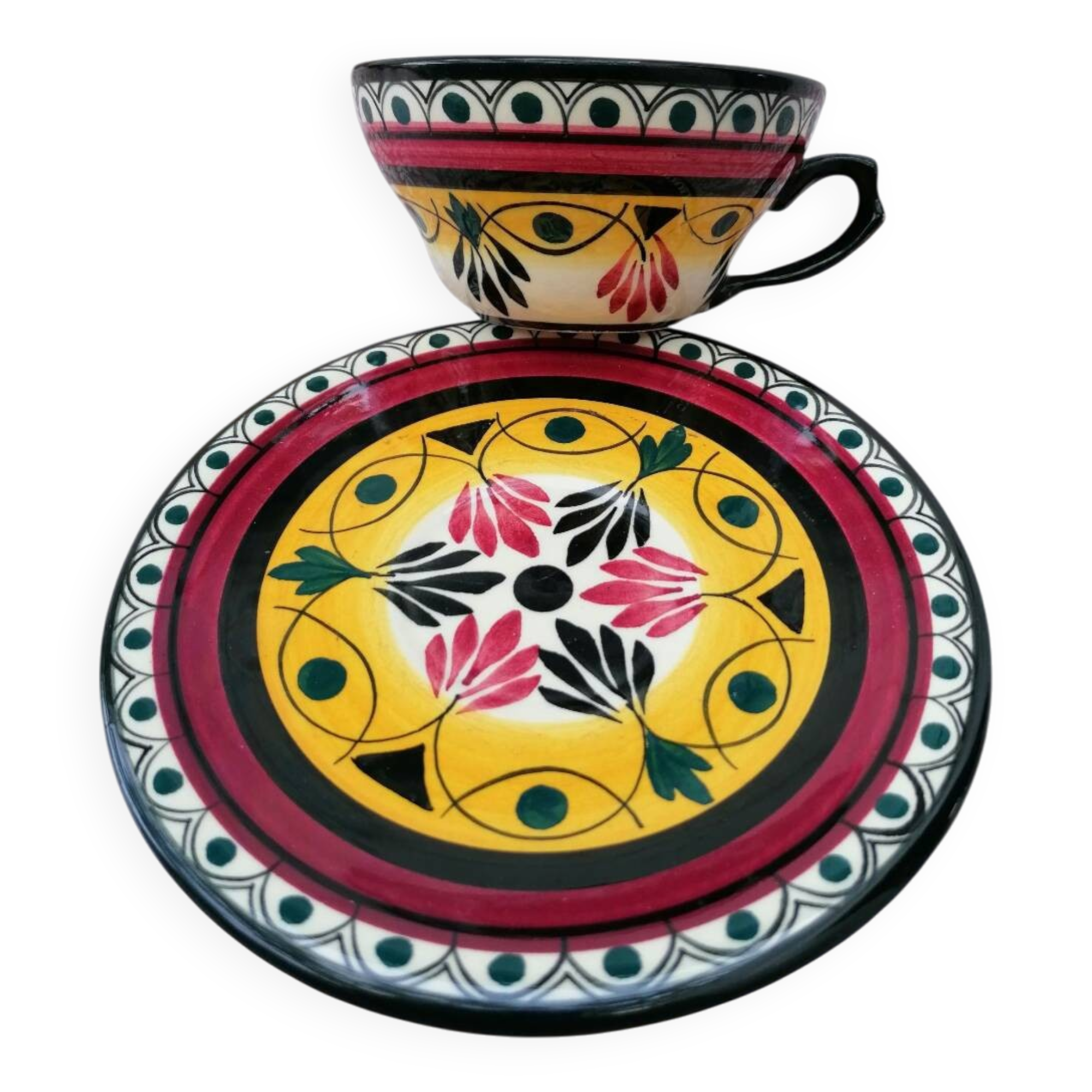 Hand-painted Breton earthenware cup and saucer from St Jean de Bretagne