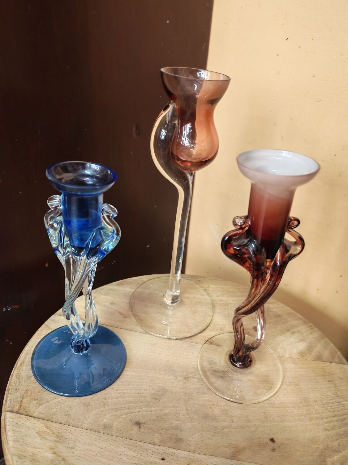 Set of three vintage blown glass candle holders Krosno Poland.
