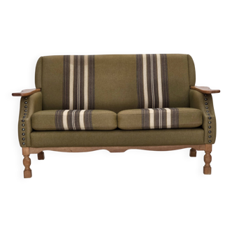 1970s, Danish 2-seater sofa, green furniture wool, oak wood.