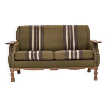 1970s, Danish 2-seater sofa, green furniture wool, oak wood.
