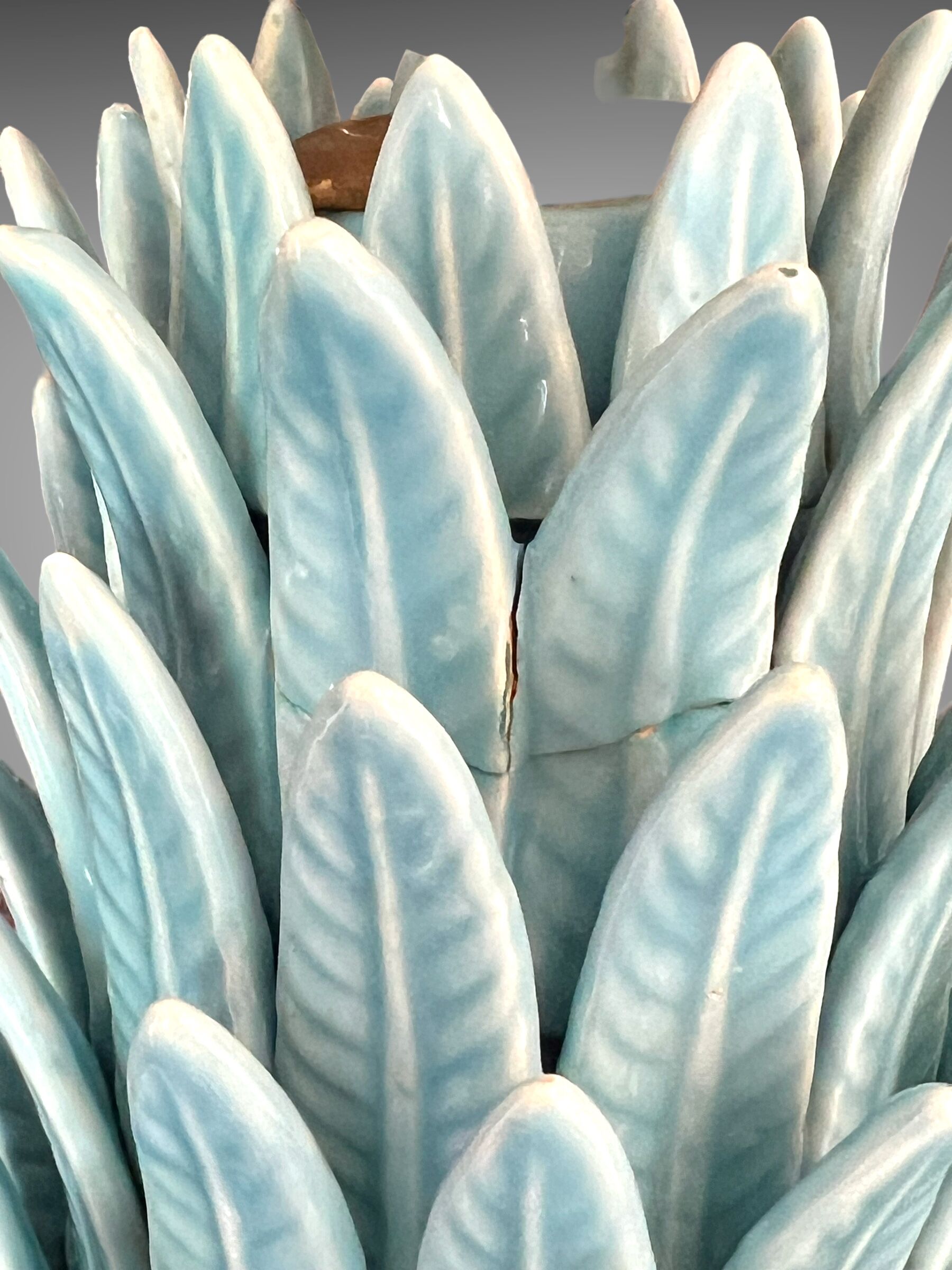 1.05 m pineapple lamp in turquoise ceramic on a gilded wooden base from the 1950s