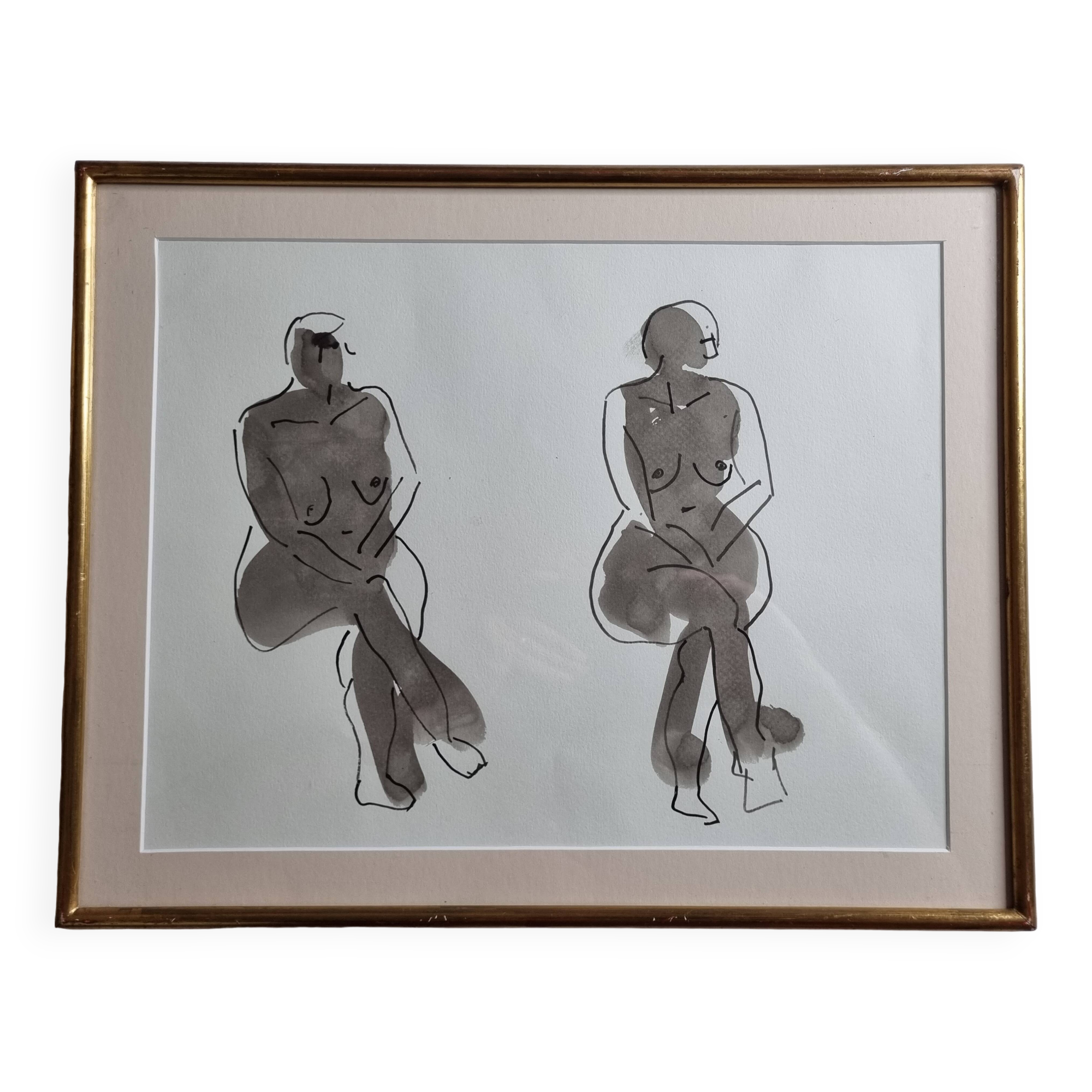 Original ink and wash drawing, framed, 36 x 45 cm