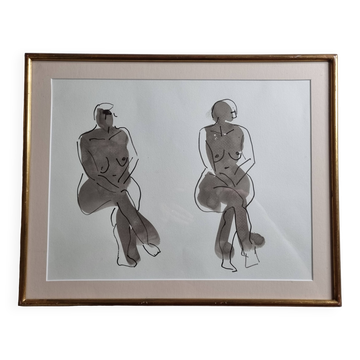 Dessin original à l'encre et lavis, encadré, 36 x 45 cm