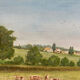 Watercolor painting "Countryside landscape with village and pasture" signed Pickop