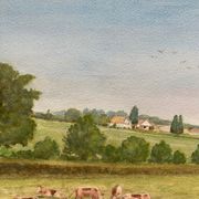 Watercolor painting "Countryside landscape with village and pasture" signed Pickop