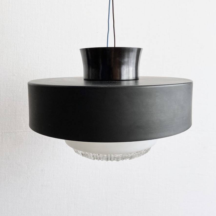 Holophane Ceiling Light Vintage 60s Black Metal and Frosted Glass Crafted