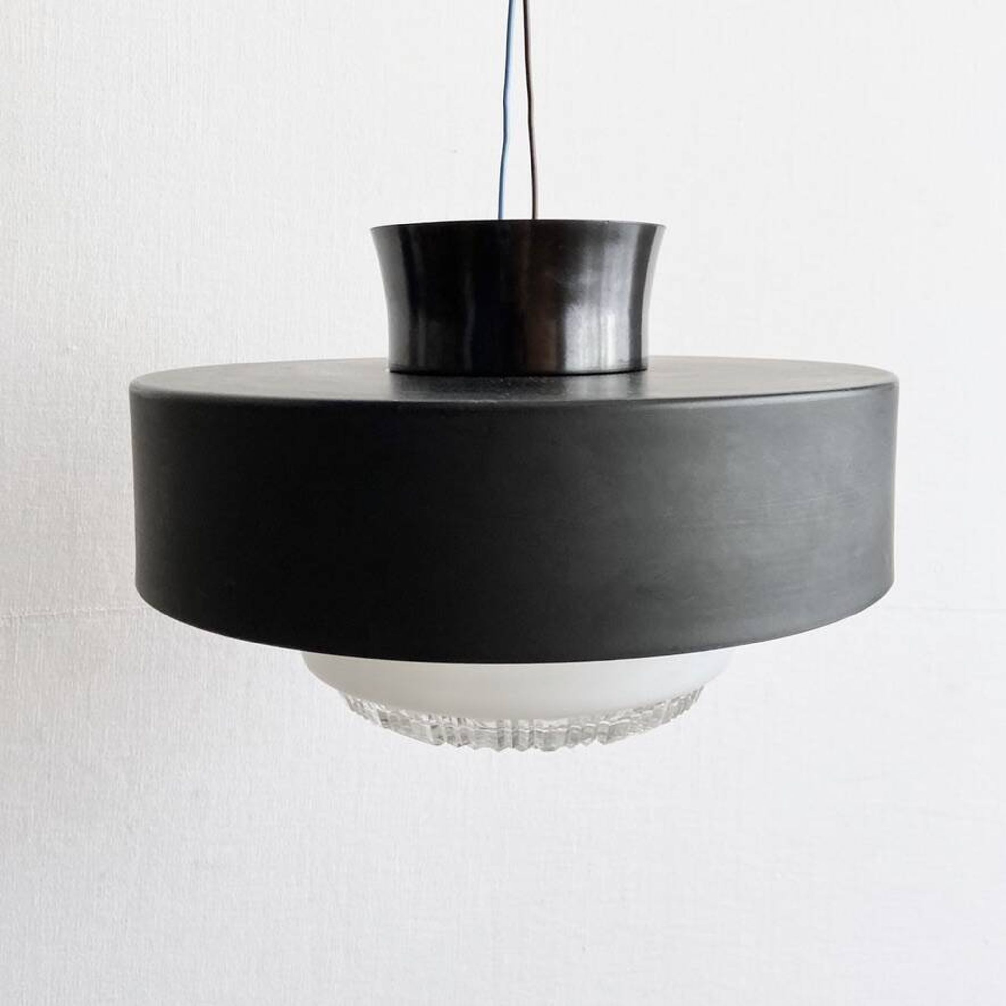 Holophane Ceiling Light Vintage 60s Black Metal and Frosted Glass Crafted