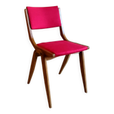 Chaise en bois massif et tissus rouge - design 50's