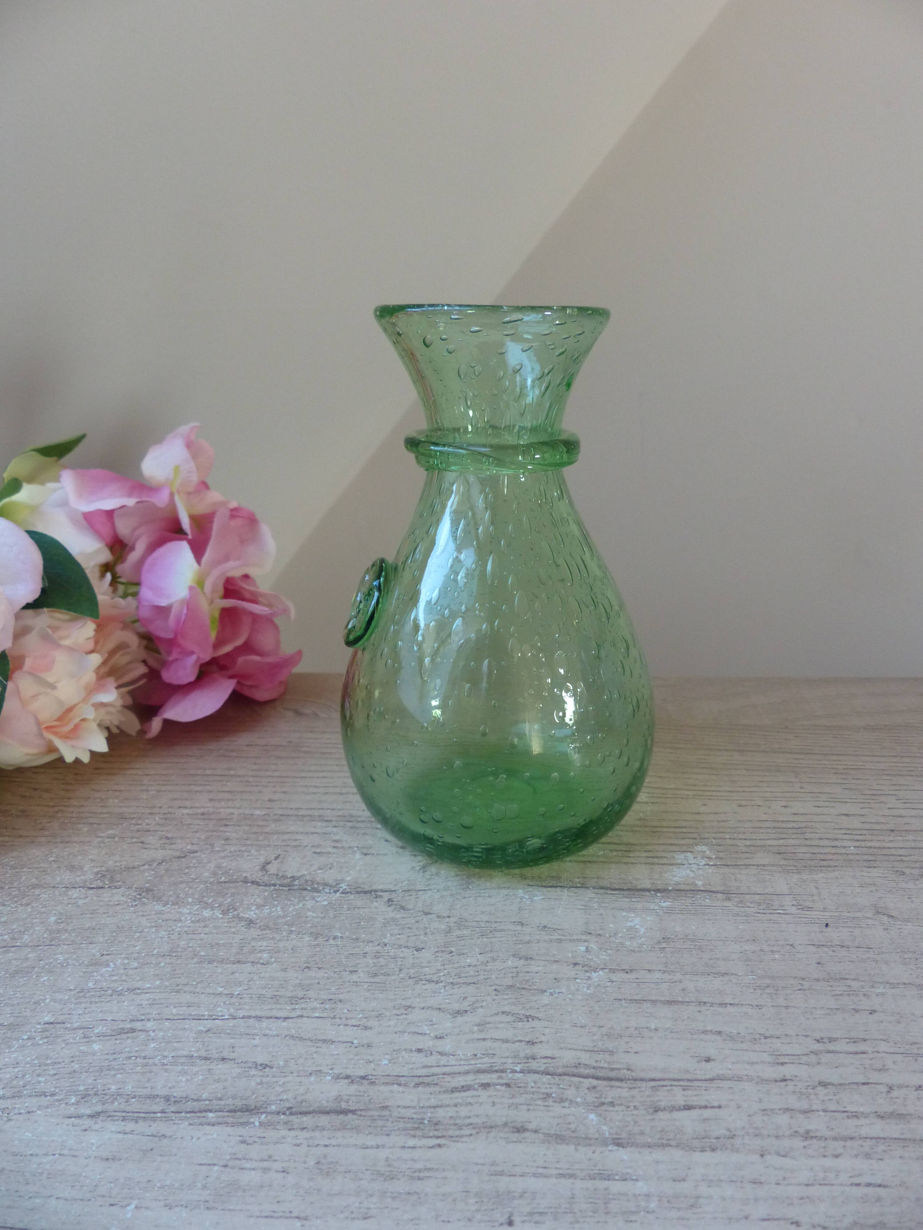Small carafe in blown and bubble glass green color signed biot vintage
