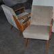 Pair of Mid-Century armchairs in varnished wood and brown/grey fabric, 1960s.