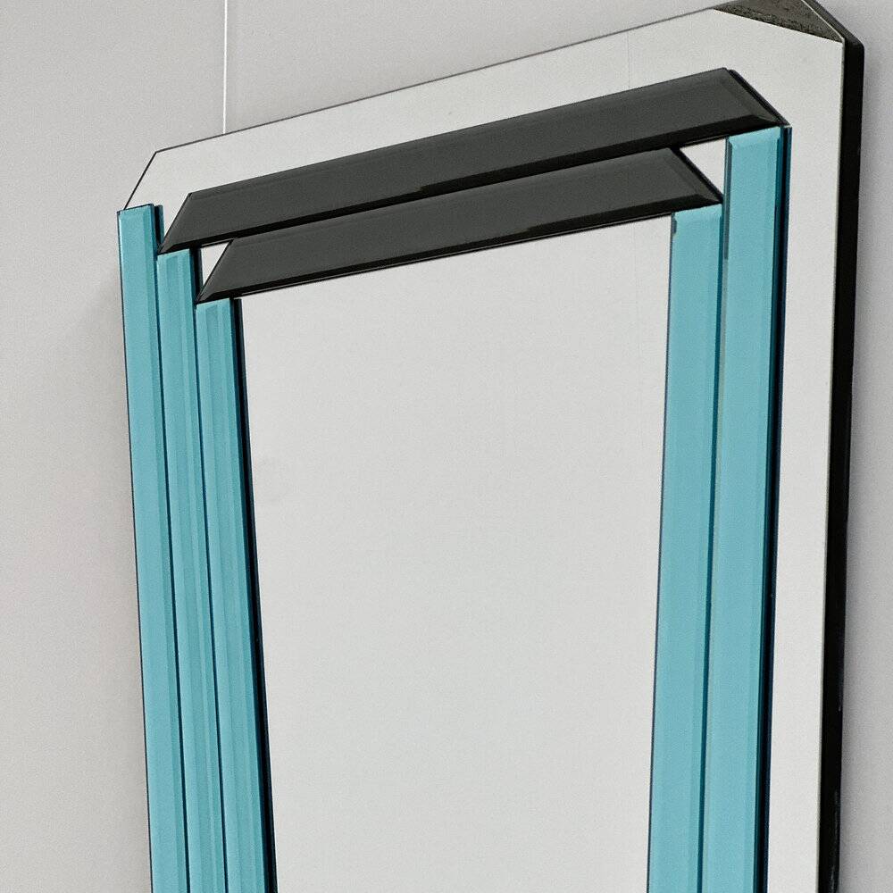 Postmodern geometric mirror with blue & dark gray smoked glass, 1980s