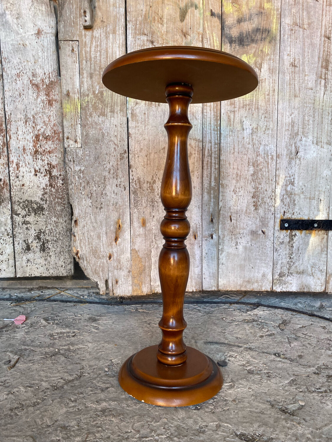 Antique Turned Wood Side Table + Stone Base Vintage Plant Stand