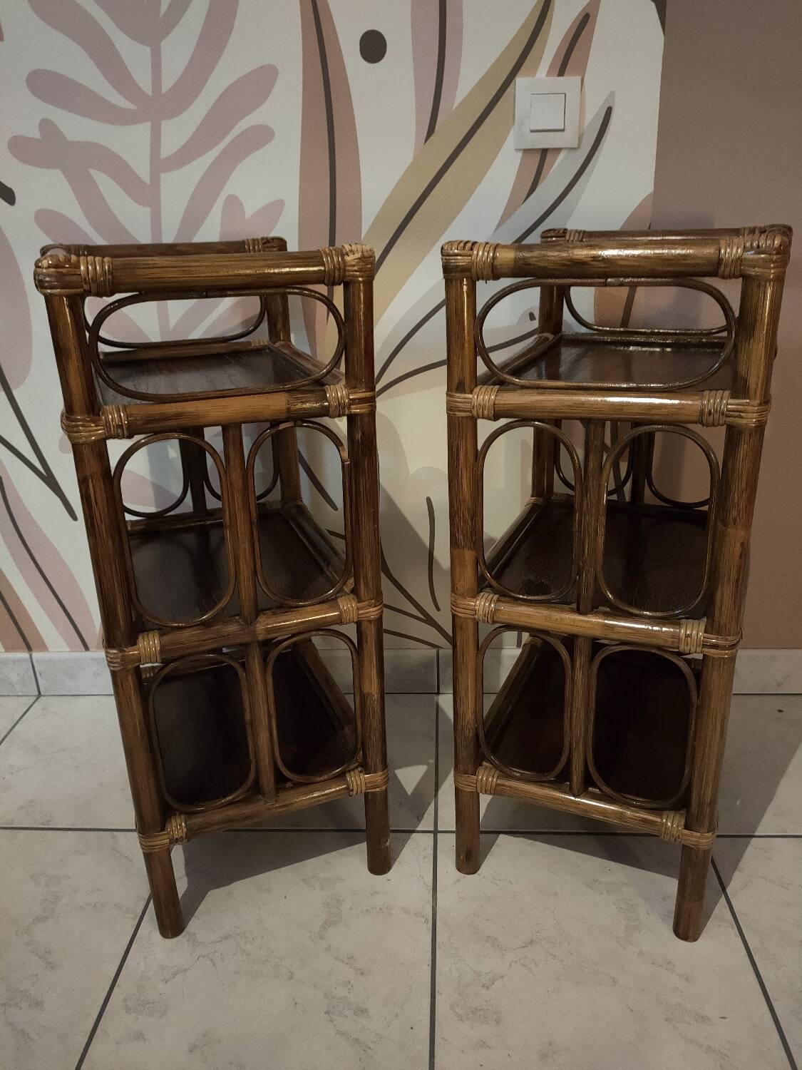 Pair of vintage bamboo and rattan bedside tables/shelves