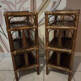 Pair of vintage bamboo and rattan bedside tables/shelves