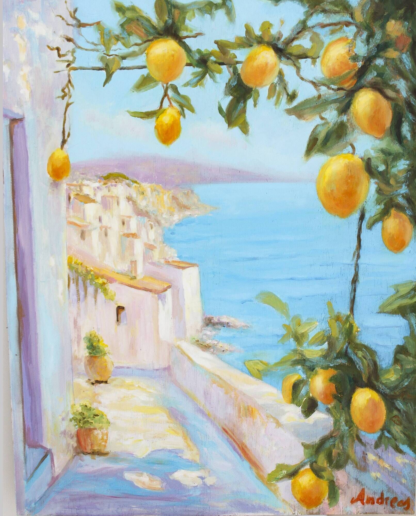 Oil painting of a view of the sea.