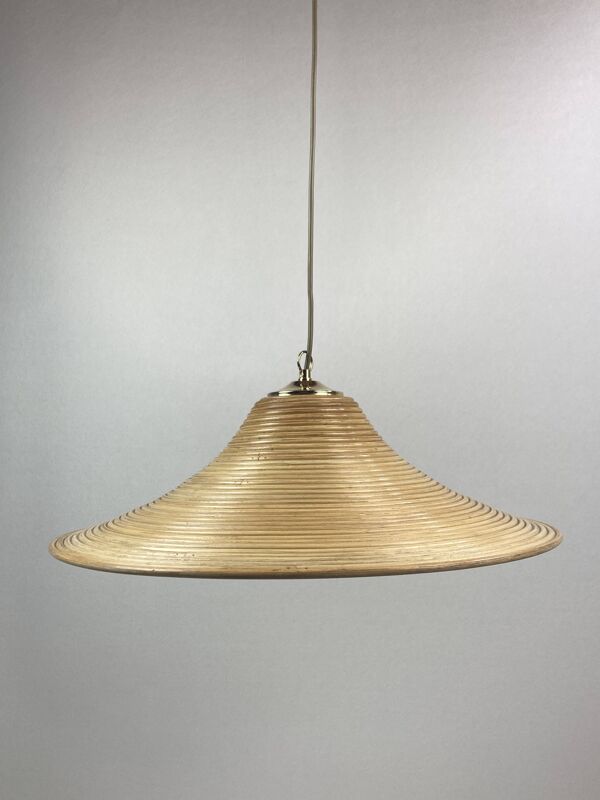Lampe à suspension Pencil Split Reed, rotin, bambou et laiton, Italie, années 1970