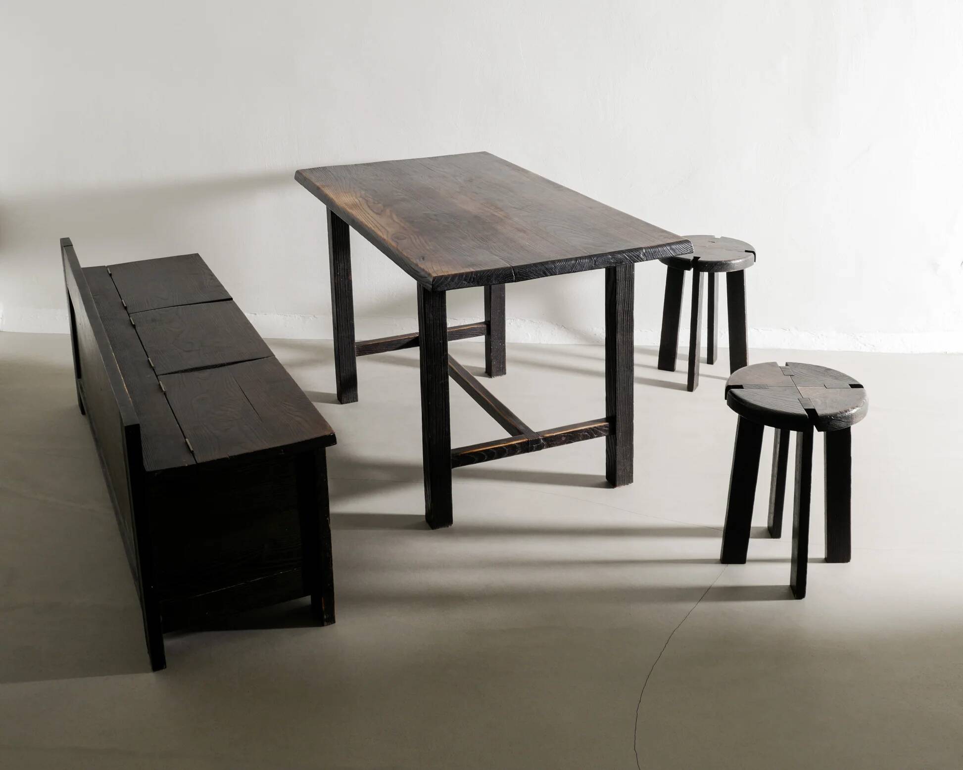 French Mid Century Black Wooden Ebonized Cabin Dining Set, 1950s