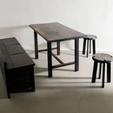 French Mid Century Black Wooden Ebonized Cabin Dining Set, 1950s