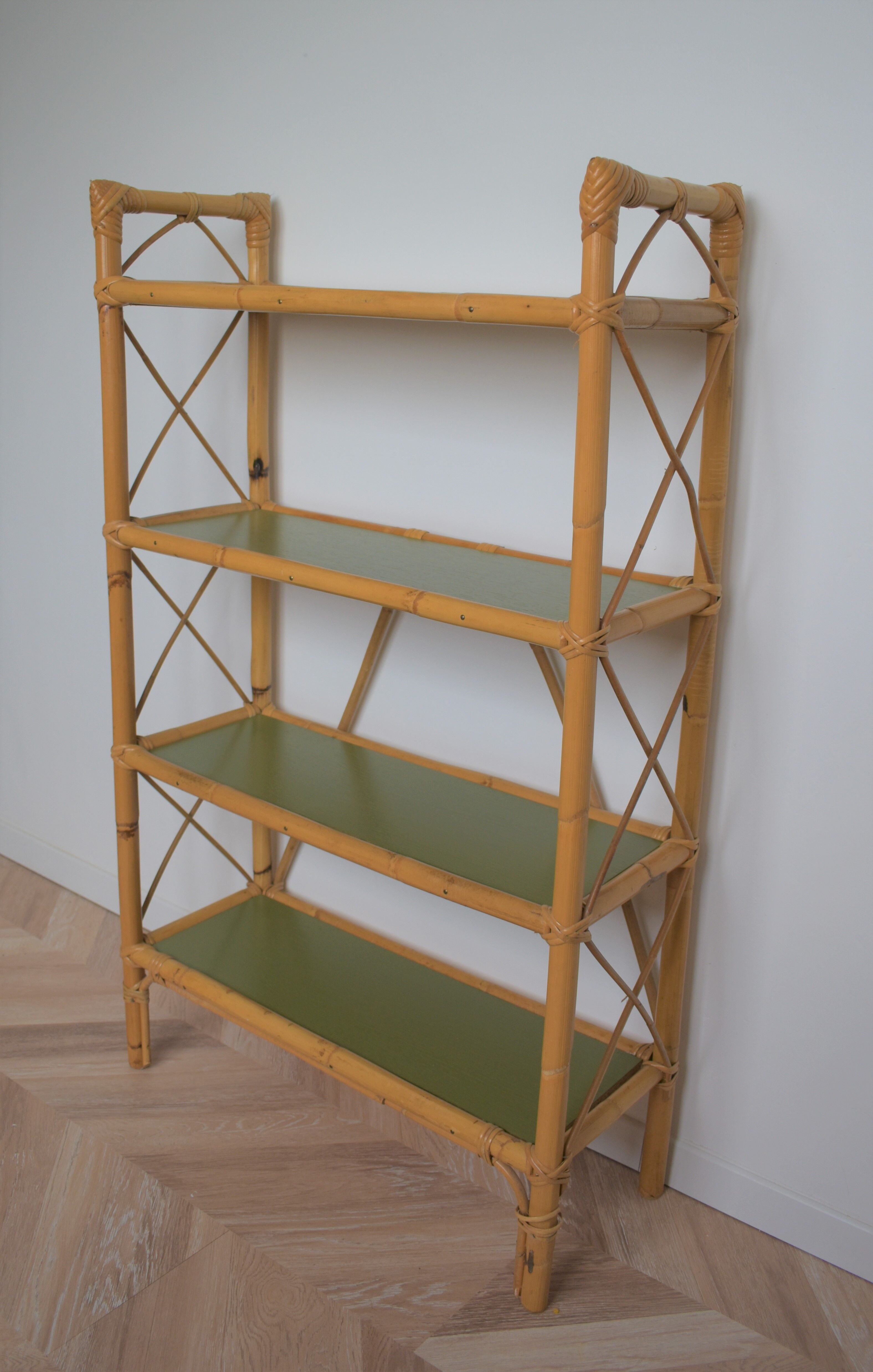 Khaki and rattan shelves