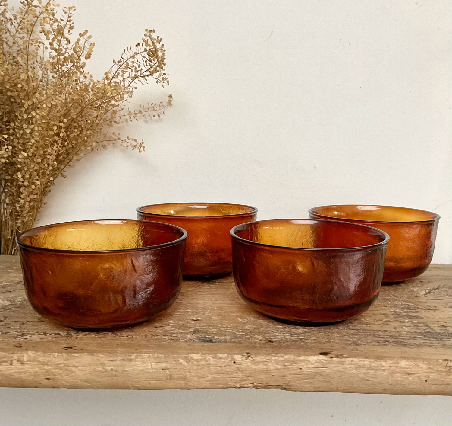 4 amber textured glass bowls