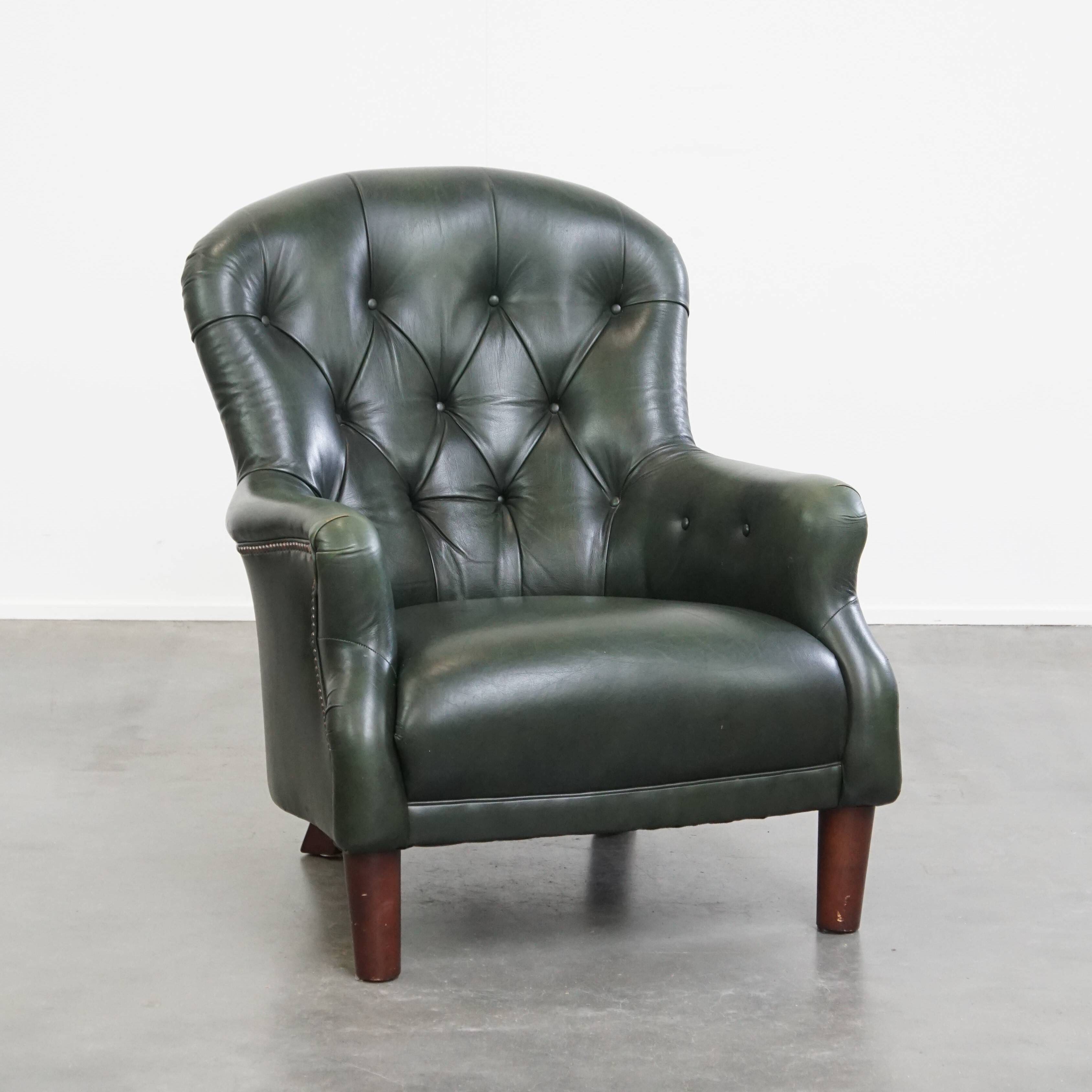 Green Cowhide Leather Chesterfield Armchair in Classic English Style