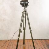 Vintage 1950s Strand Electric Patt 123 Theatre lamp on an old Wooden Army Surveyors Tripod