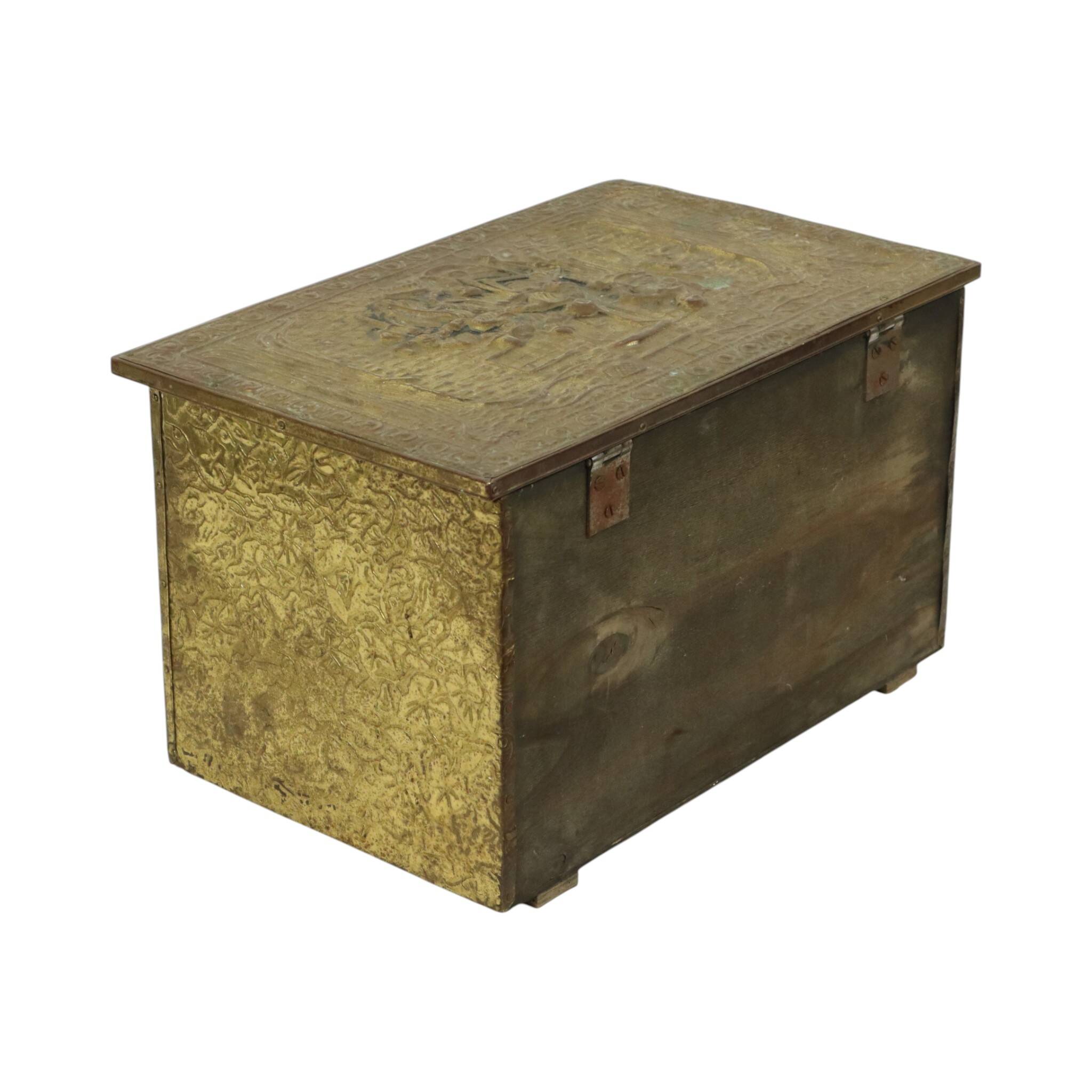 Large Repoussé Chest Coal Fireplace Brass Wood Early 20th Century