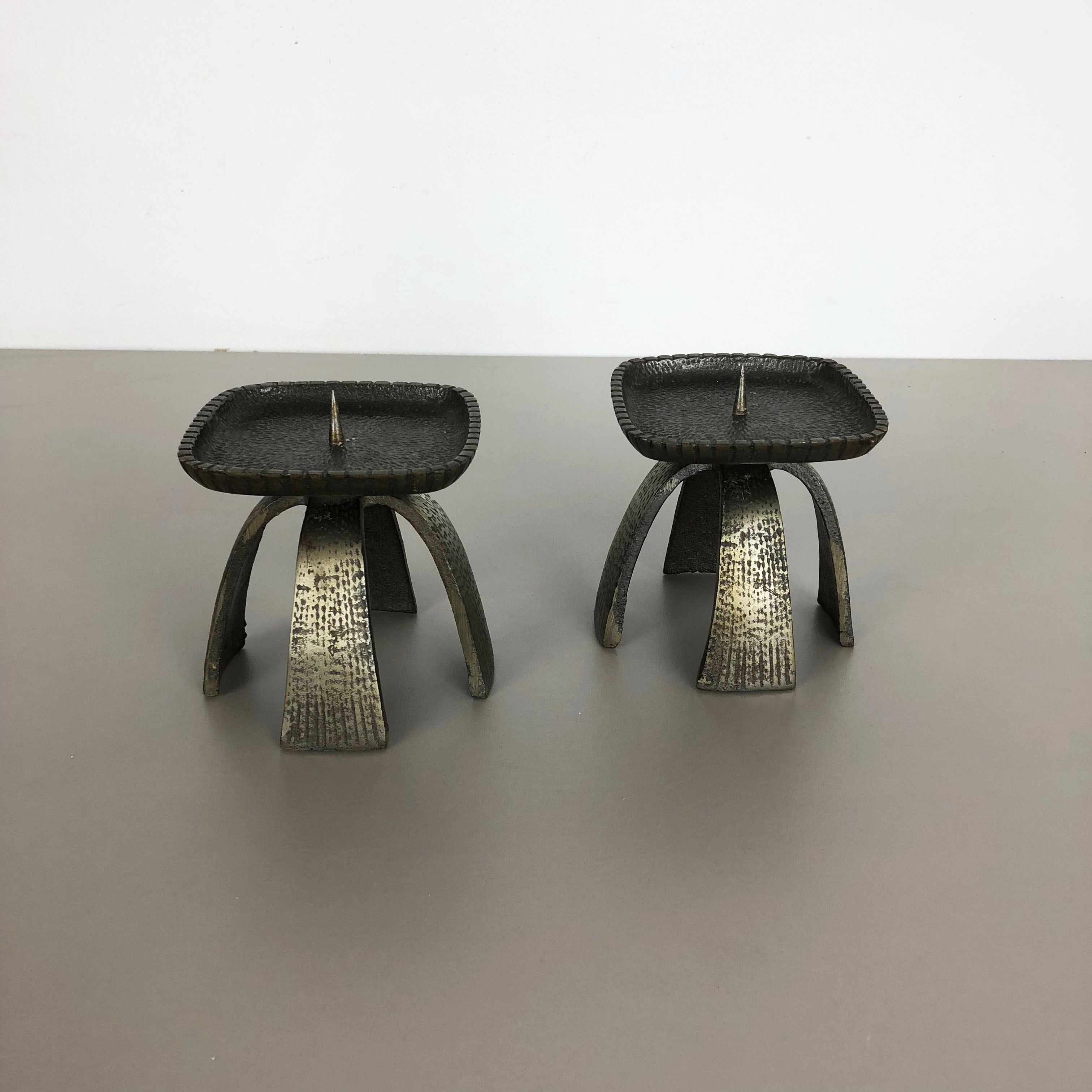 Set of 2 Modernist Vintage 1970s Sculptural Brutalist Metal Candleholder, France
