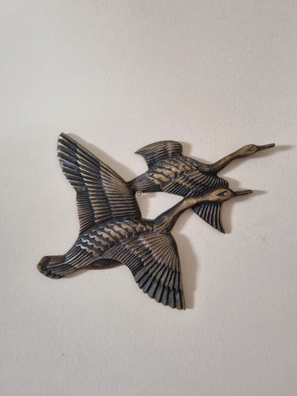 Set of two wall decorations exotic birds vintage brass