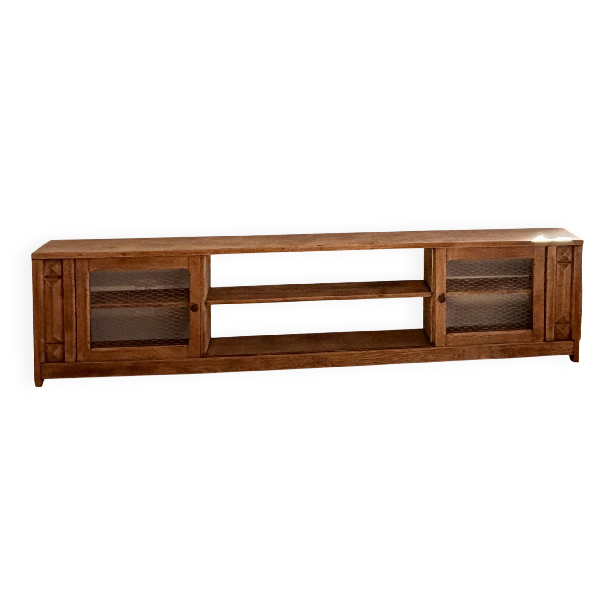 Vintage oak sideboard TV unit with sliding doors.