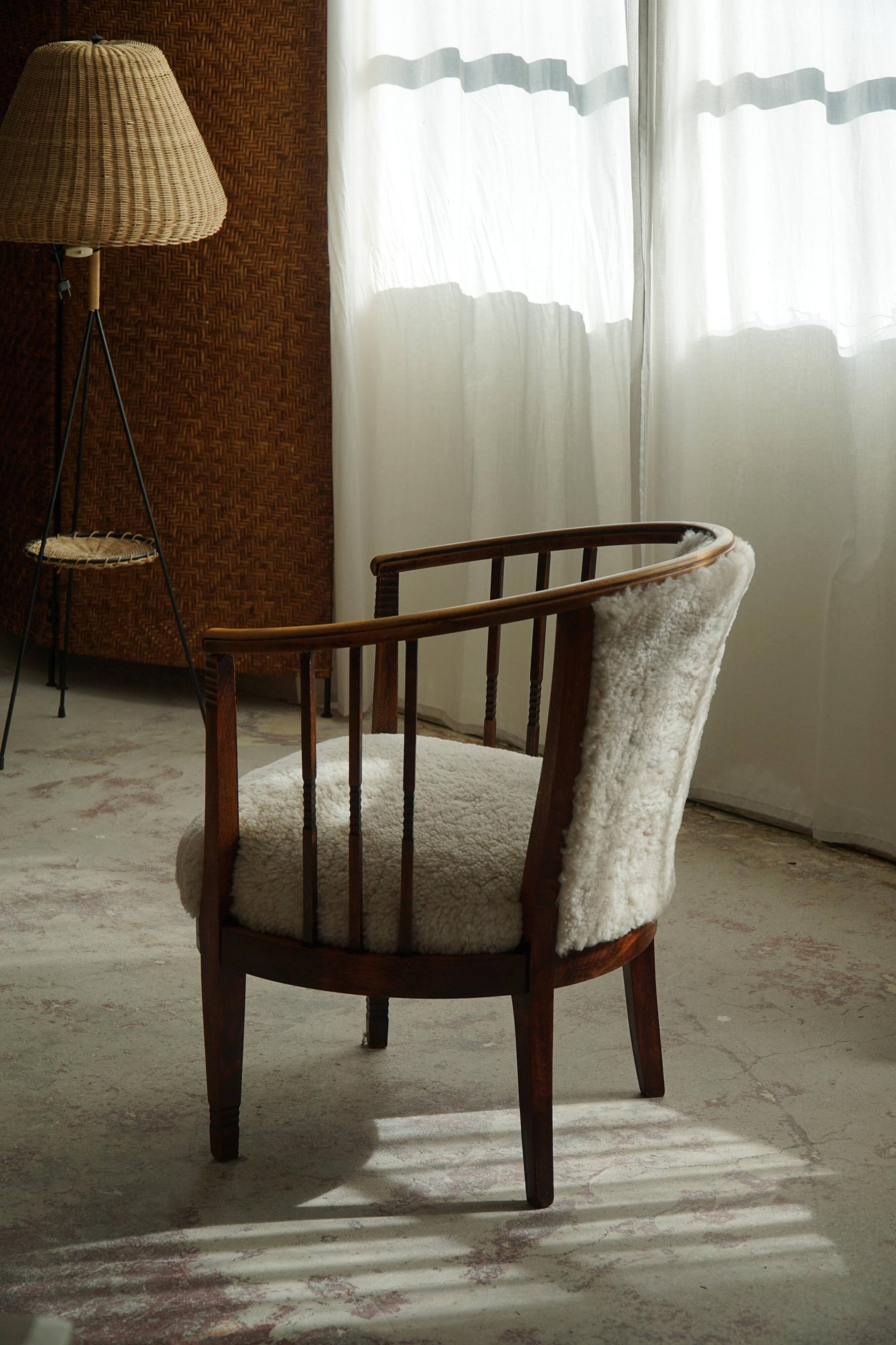 Pair of Danish armchairs in beech, reupholstered in lambswool, Art Nouveau, 1900s.